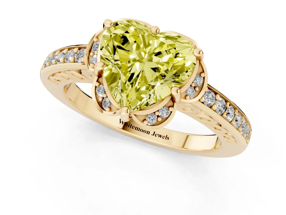 Fancy Yellow Heart Cut Cut Halo Diamond Ring with Channel Set Band and Four-Prong Setting Yellow gold