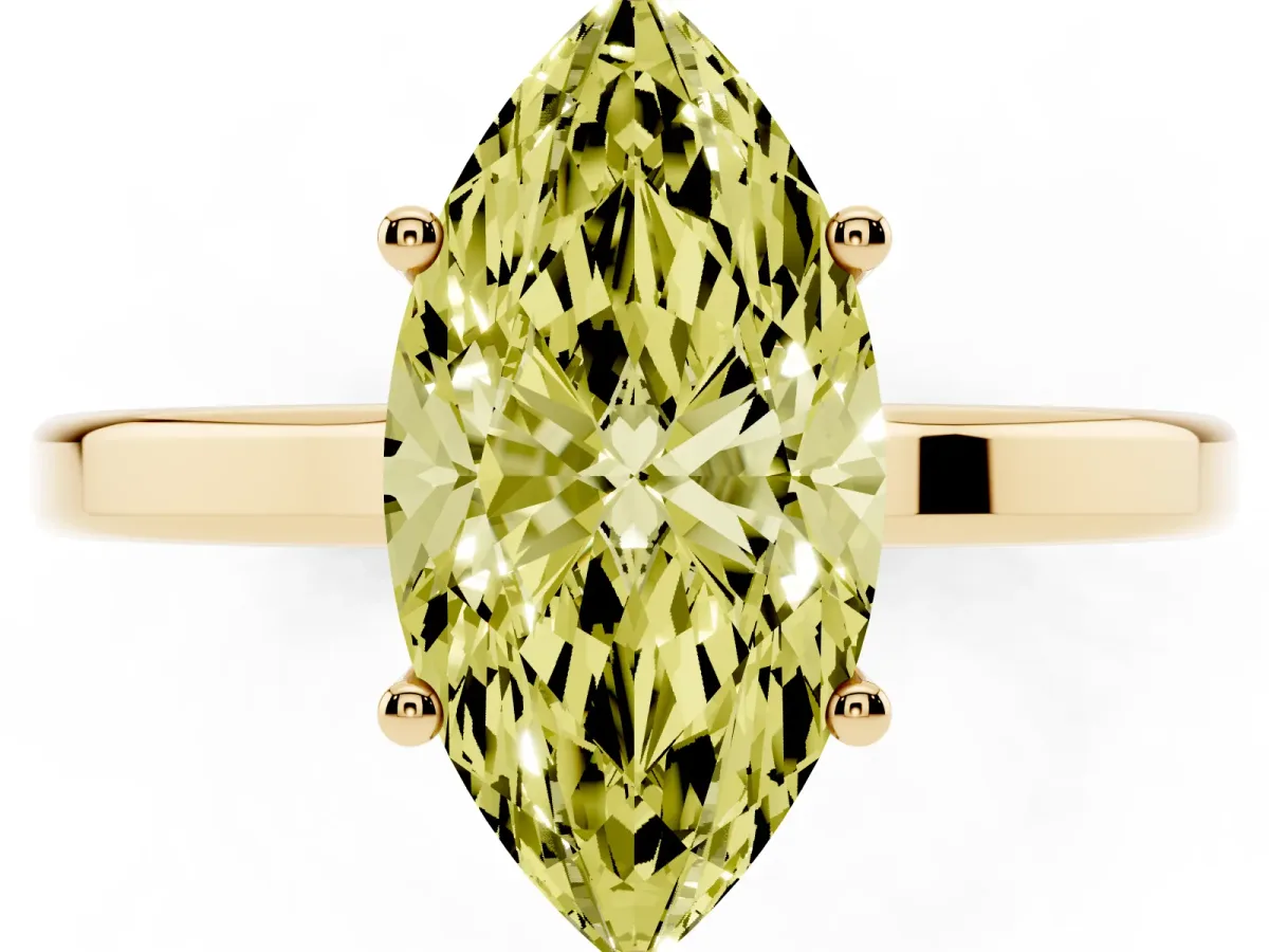 Fancy Yellow Marquise Cut Cut Solitaire Engagement Ring with Four-Prong Setting on a Classic Band Yellow gold