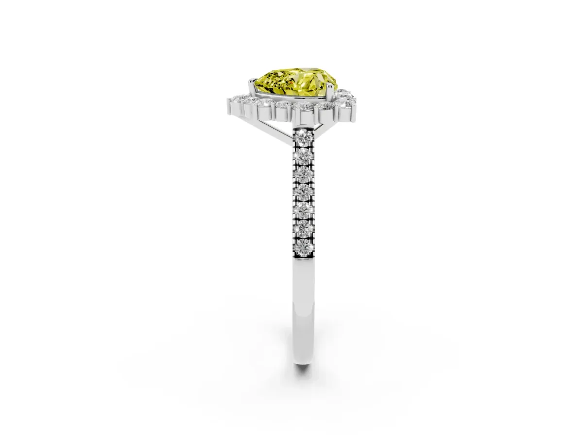Fancy Yellow Heart Cut Halo Diamond Ring with Pavé Band and Prong Setting Silver