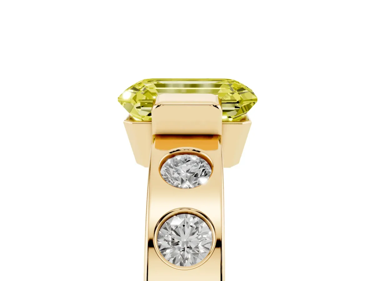 Fancy Yellow Emerald Cut Brilliant Channel-Set Diamond Ring with Bezel Prong Setting Yellow gold