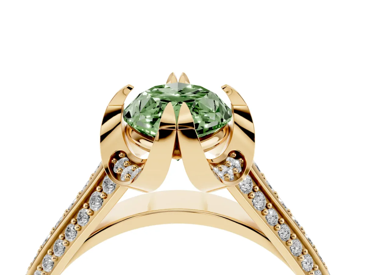 Fancy Green Marquise Cut Solitaire Pave Split Shank Ring with Four-Prong Setting Yellow gold