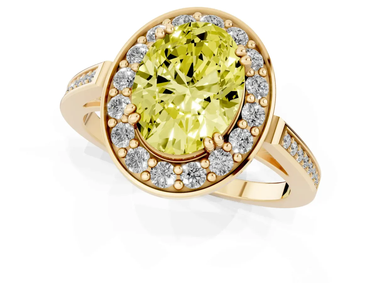 Fancy Yellow Oval Cut Diamond Halo Ring with Split Shank and Four-Prong Setting Yellow gold