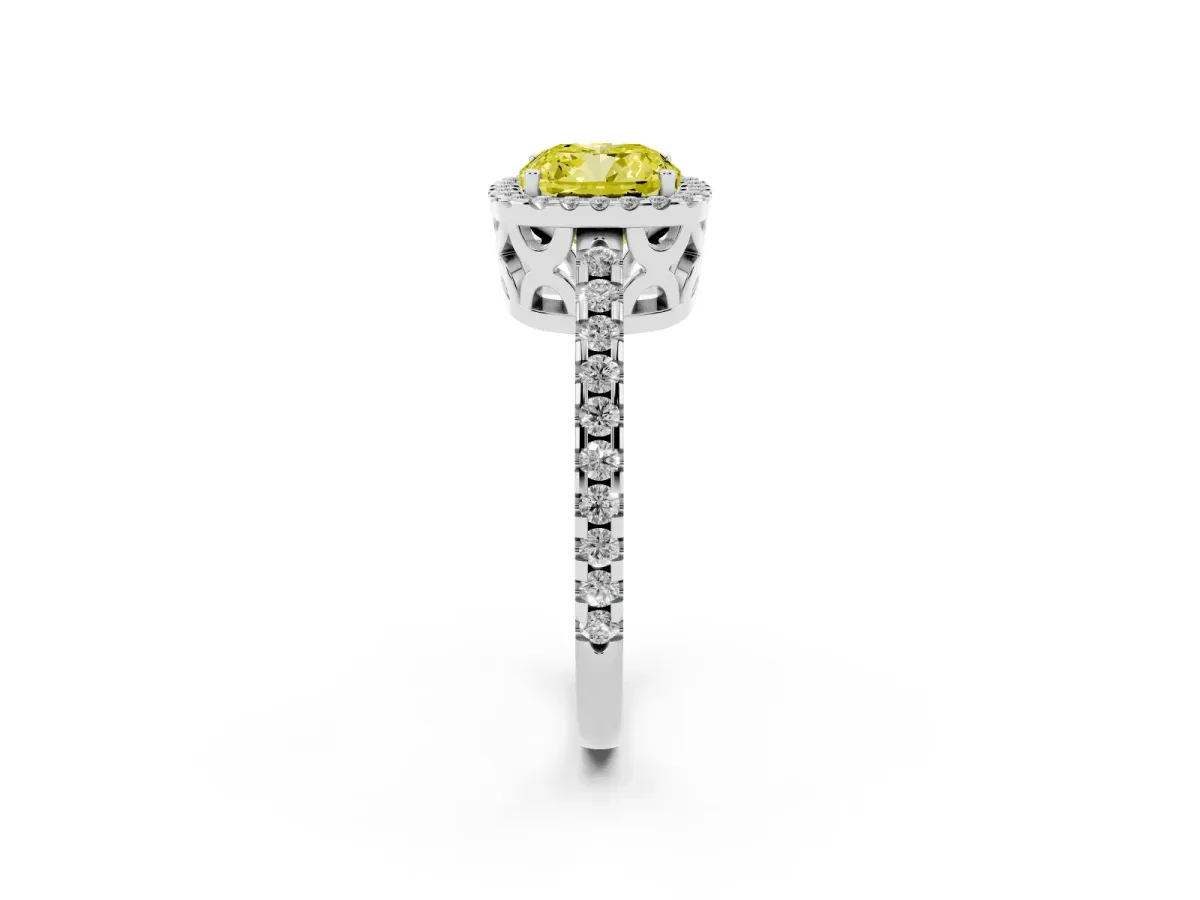 Fancy Yellow Cushion Cut Diamond Halo Engagement Ring with Pavé Band and Prong Setting Platinum