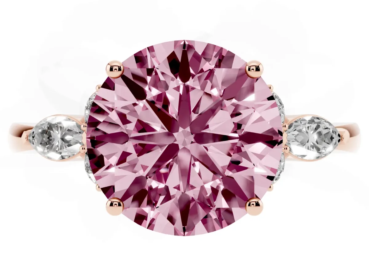 Fancy Pink Round Cut Brilliant Diamond Solitaire Ring with Pear Side Stones and Four-Prong Setting Rose gold