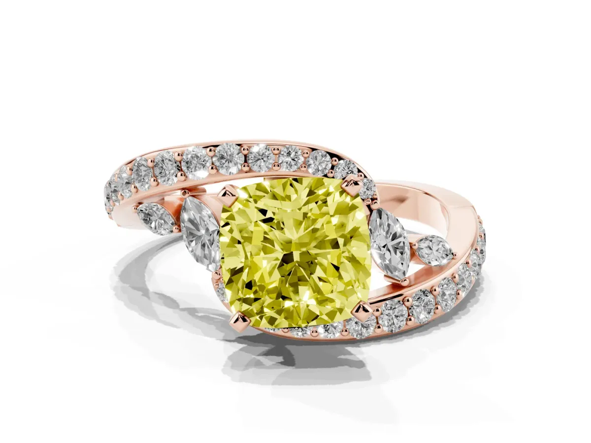 Fancy Yellow Cushion Cut Diamond Solitaire Ring with Filigree Band and Four-Prong Setting Rose gold