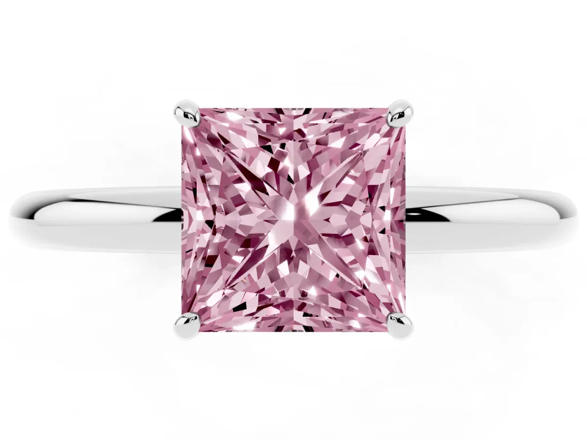 Fancy Pink Princess Cut Solitaire Diamond Ring with Four-Prong Setting on a Plain Band Platinum