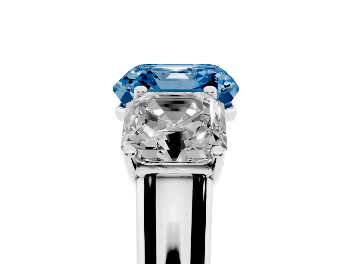 Fancy Blue Asscher Cut Three-Stone Diamond Ring with Prong Setting on a Classic Band White gold