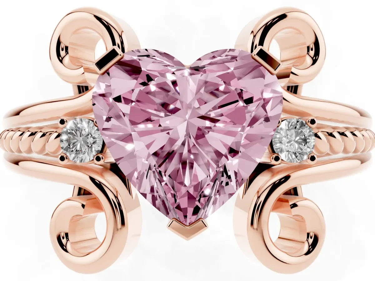 Fancy Pink Heart Cut Solitaire Twisted Band Scroll Prong Ring Rose gold