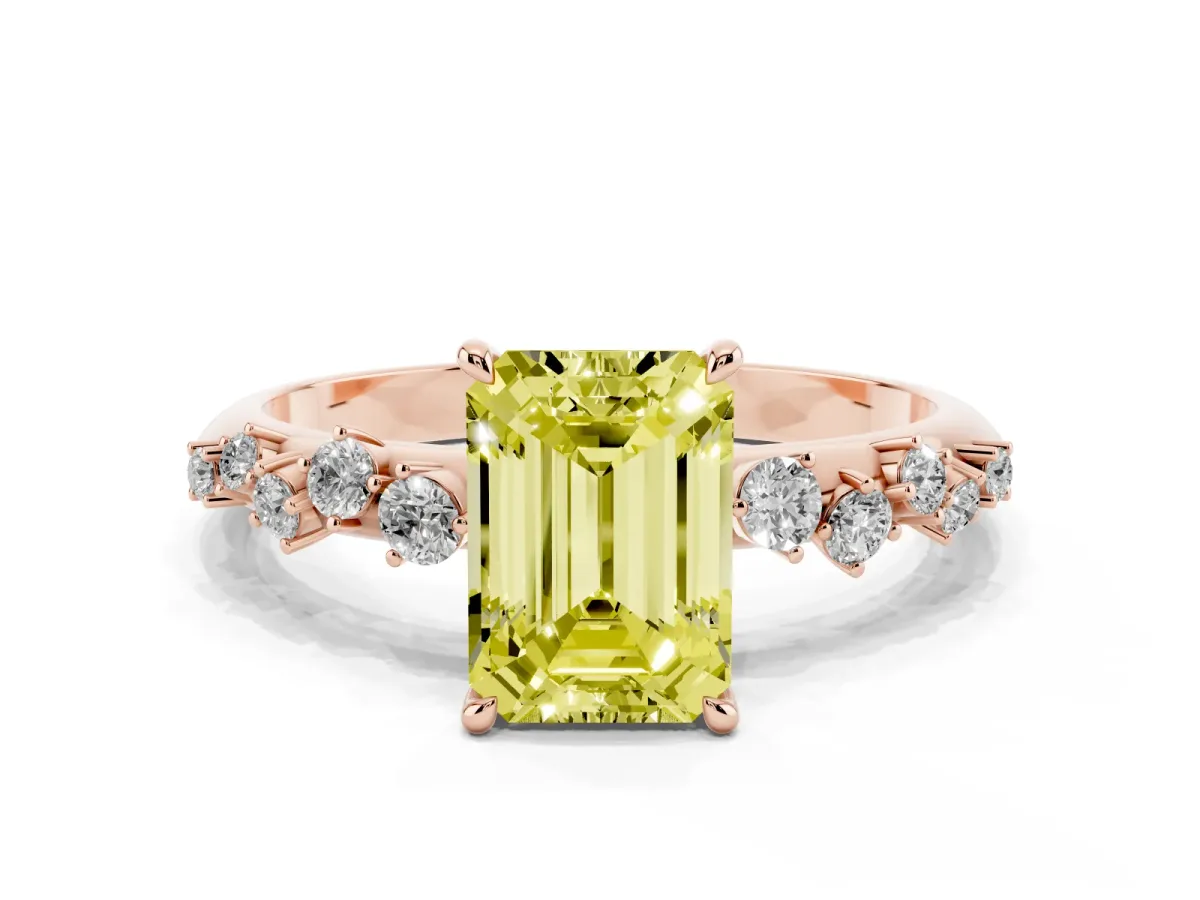 Fancy Yellow Emerald Cut Diamond Cluster Side Stone Solitaire Ring with Prong Setting Rose gold