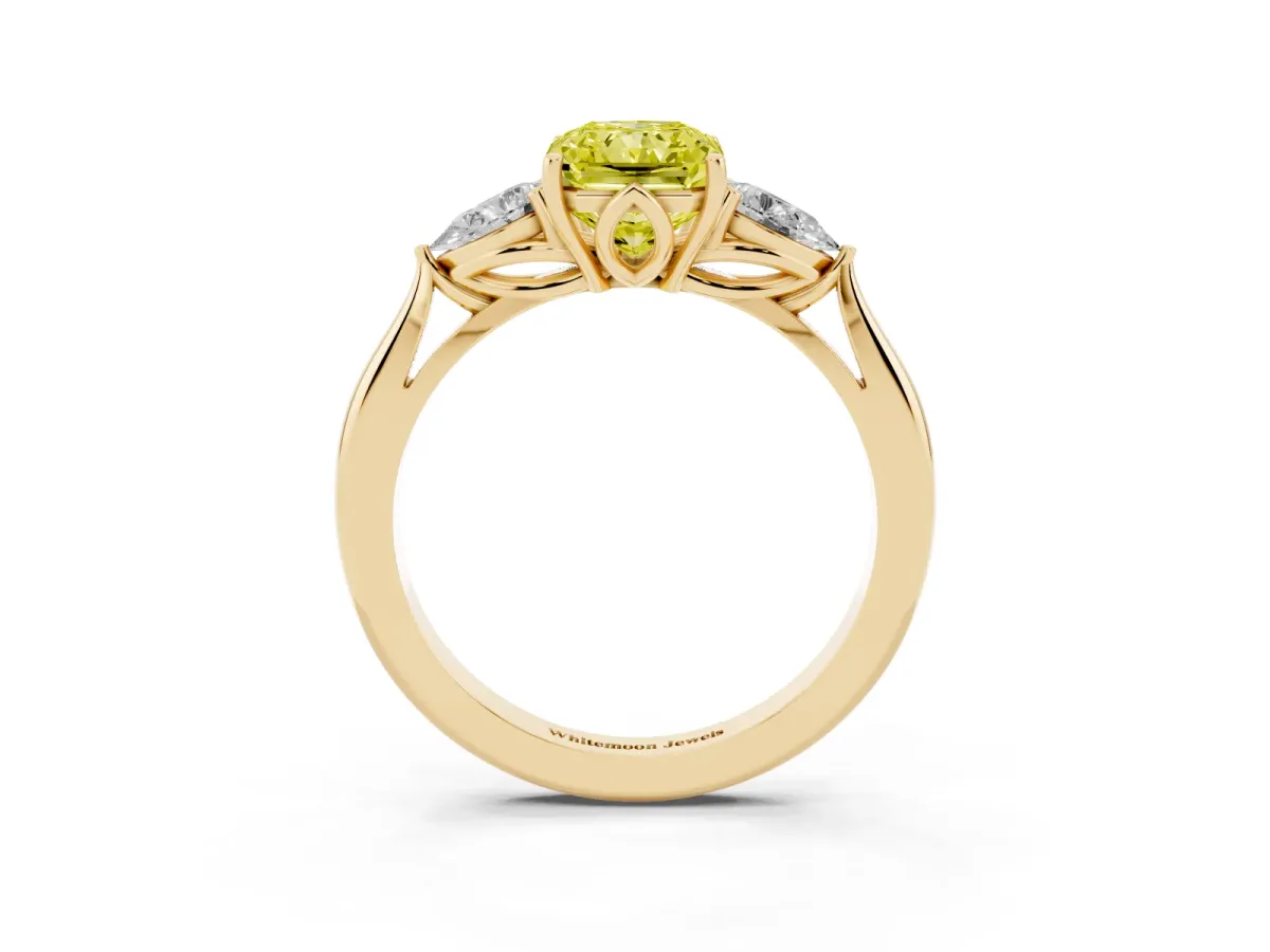 Fancy Yellow Radiant Cut Diamond Three-Stone Ring with Pear Side Stones and Prong Setting Yellow gold
