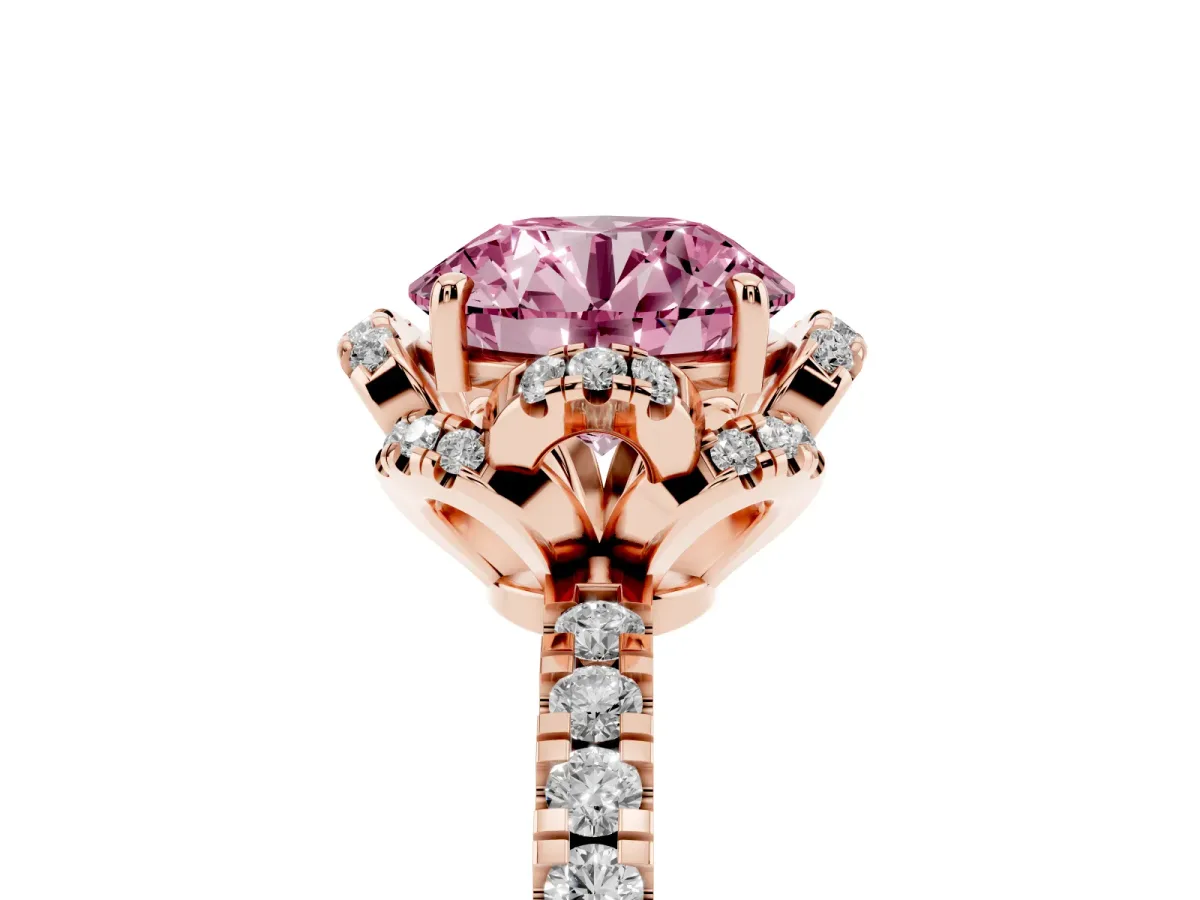 Fancy Pink Round Cut Halo Diamond Pave Band Ring with Four-Prong Setting Rose gold