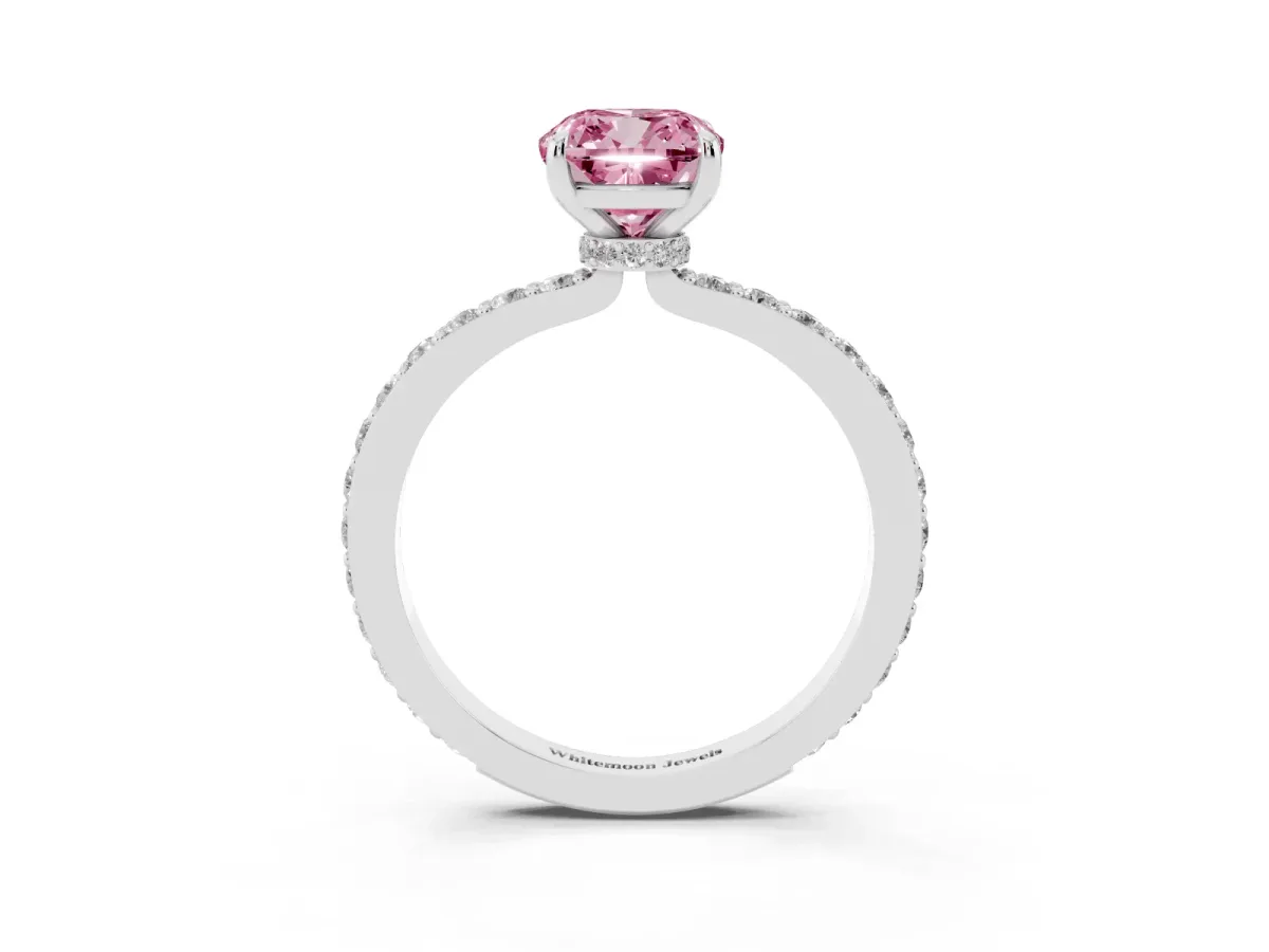 Fancy Pink Cushion Cut Diamond Pavé Engagement Ring with Round Accents and Prong Setting Silver