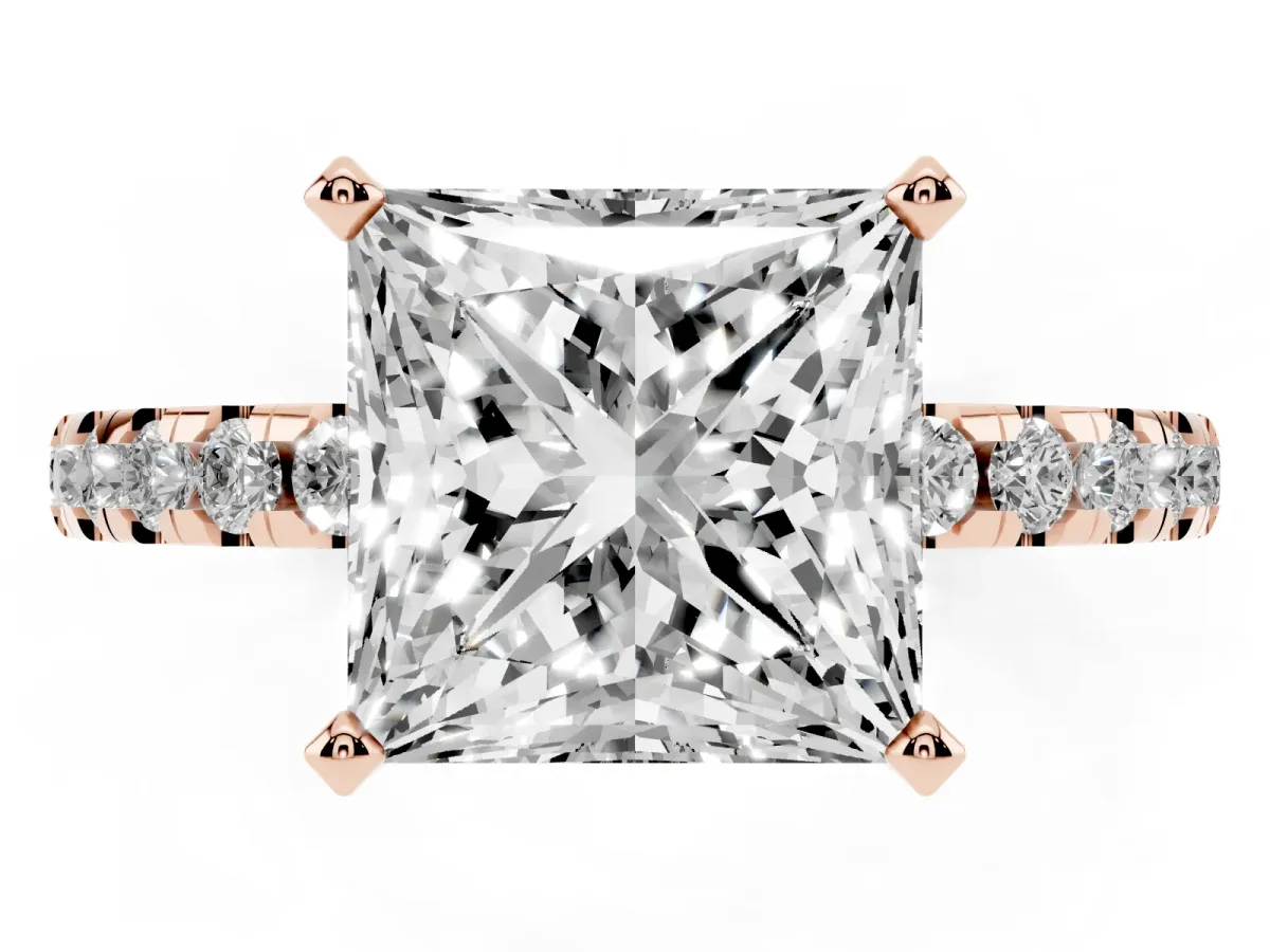 Princess Cut Diamond Solitaire Ring with Round Pavé Band and Four-Prong Setting Rose gold