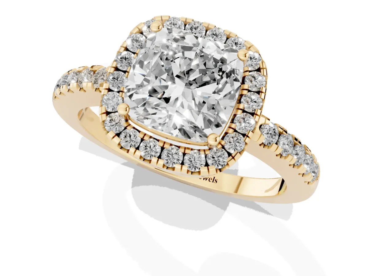 Cushion Cut Halo Diamond Engagement Ring with Pavé Band and Four-Prong Setting Yellow gold