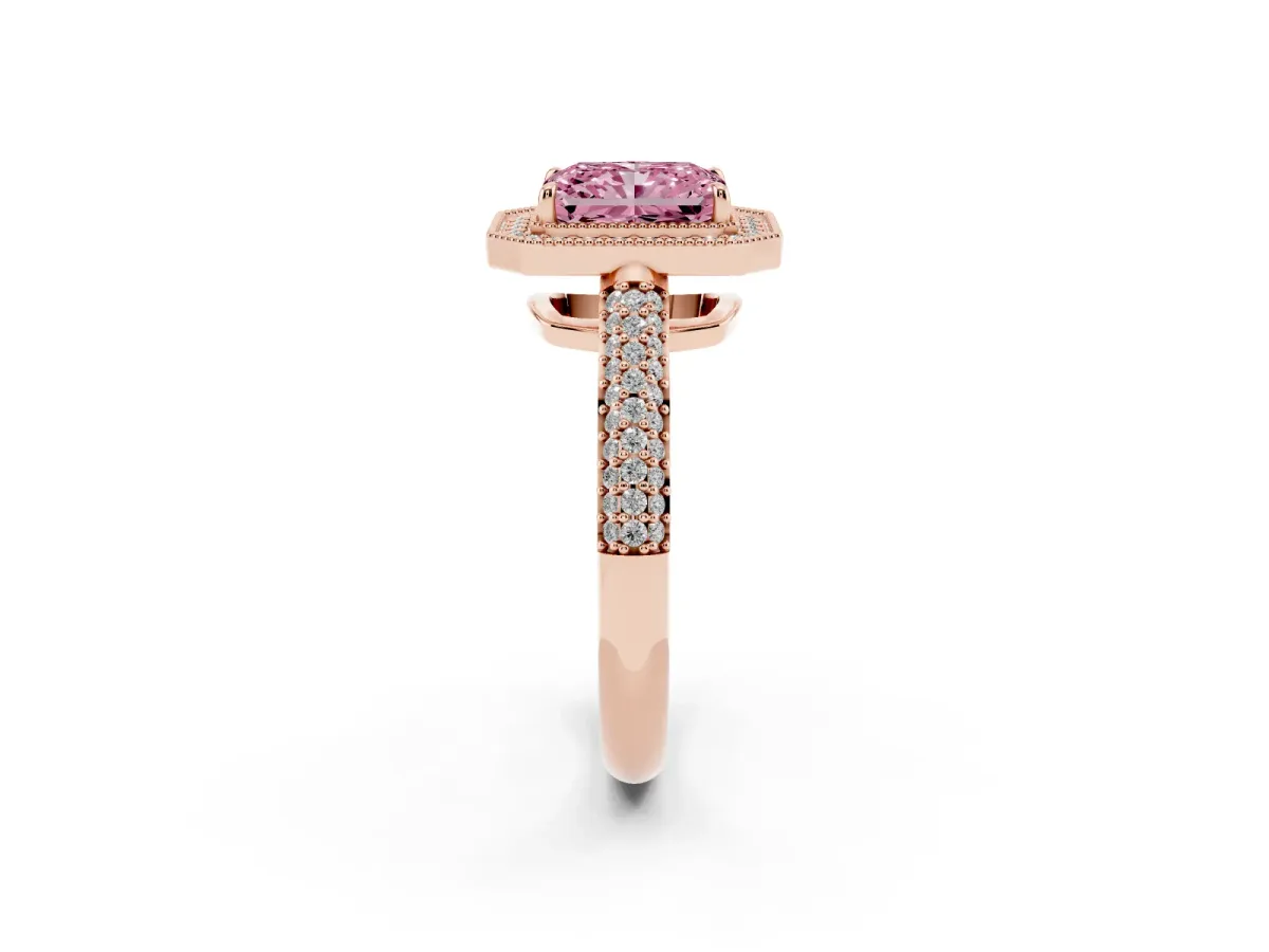 Fancy Pink Radiant Cut Cut Halo Diamond Pave Band with Four-Prong Setting Rose gold