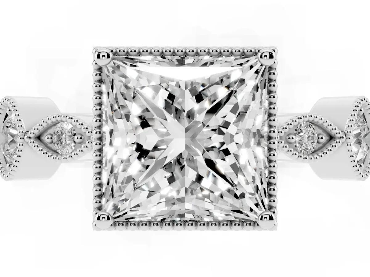 Princess Cut Diamond Vintage Milgrain Ring with Round Stations Silver