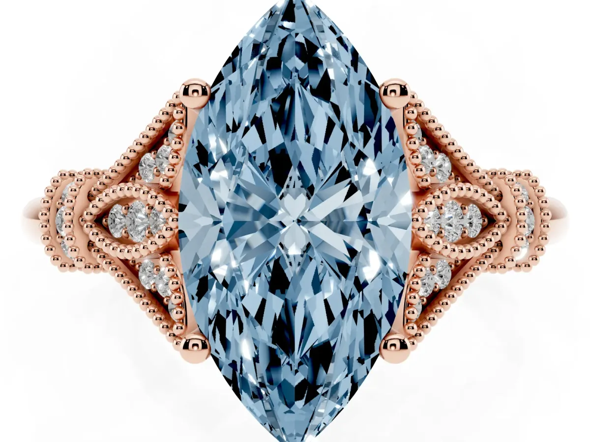 Fancy Blue Marquise Cut Diamond Solitaire Ring with Floral Filigree and Pave Accents Rose gold