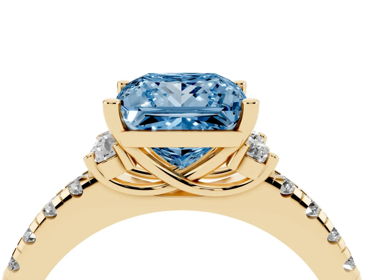 Fancy Blue Princess Cut Diamond Three-Stone Pave Band with Four-Prong Setting Yellow gold