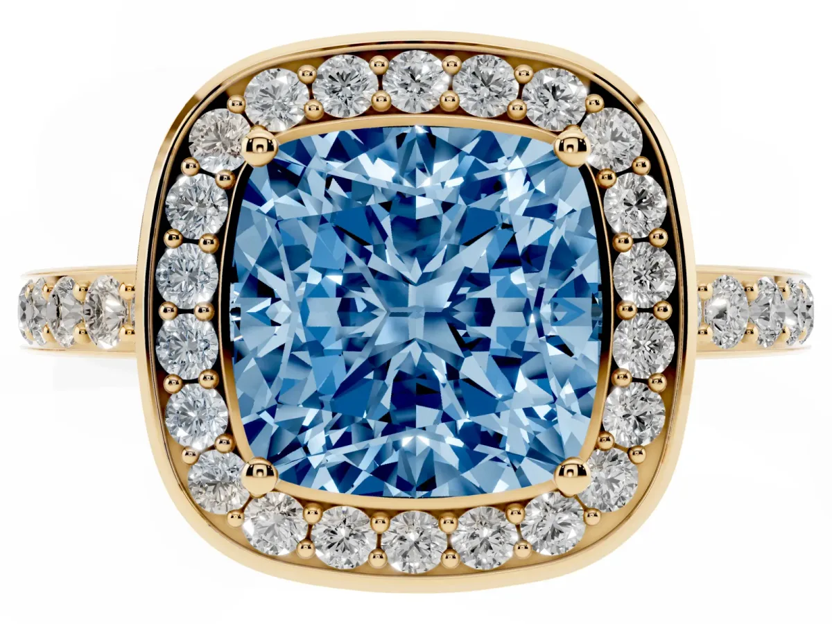Fancy Blue Cushion Cut Diamond Halo Ring with Bezel Frame and Pavé Band Yellow gold