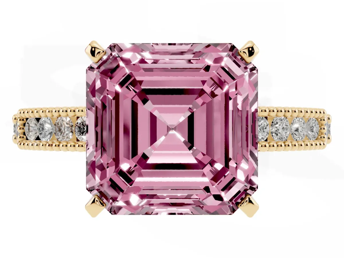 Fancy Pink Asscher Cut Solitaire with Pavé Band and Four-Prong Setting Yellow gold