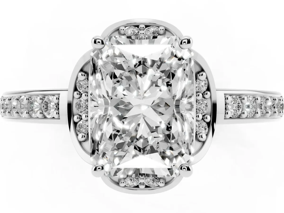 Radiant Cut Cut Halo Diamond Ring with Channel Set Band and Four-Prong Setting White gold