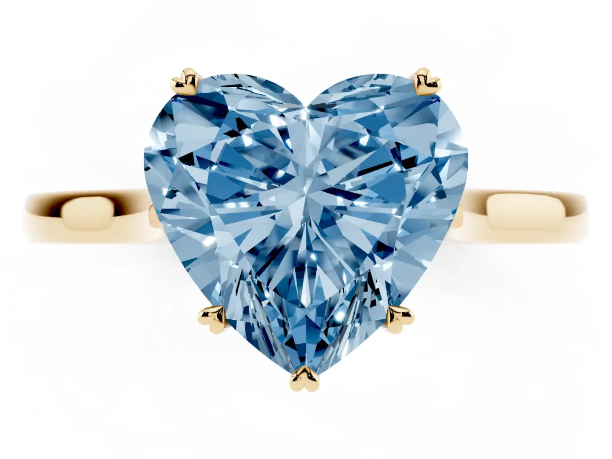 Fancy Blue Heart Cut Solitaire Heart Prong Engagement Ring with Tapered Band Yellow gold
