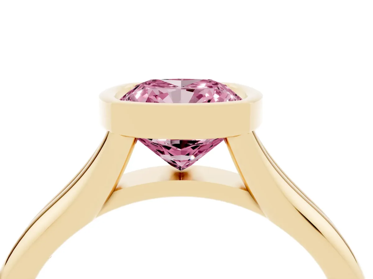 Fancy Pink Bezel Set Cushion Cut Solitaire Diamond Ring with Smooth Band Yellow gold