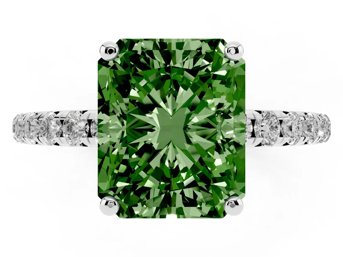 Fancy Green Radiant Cut Cut Diamond Solitaire Ring with Micro Pave Band and Four Prong Setting White gold