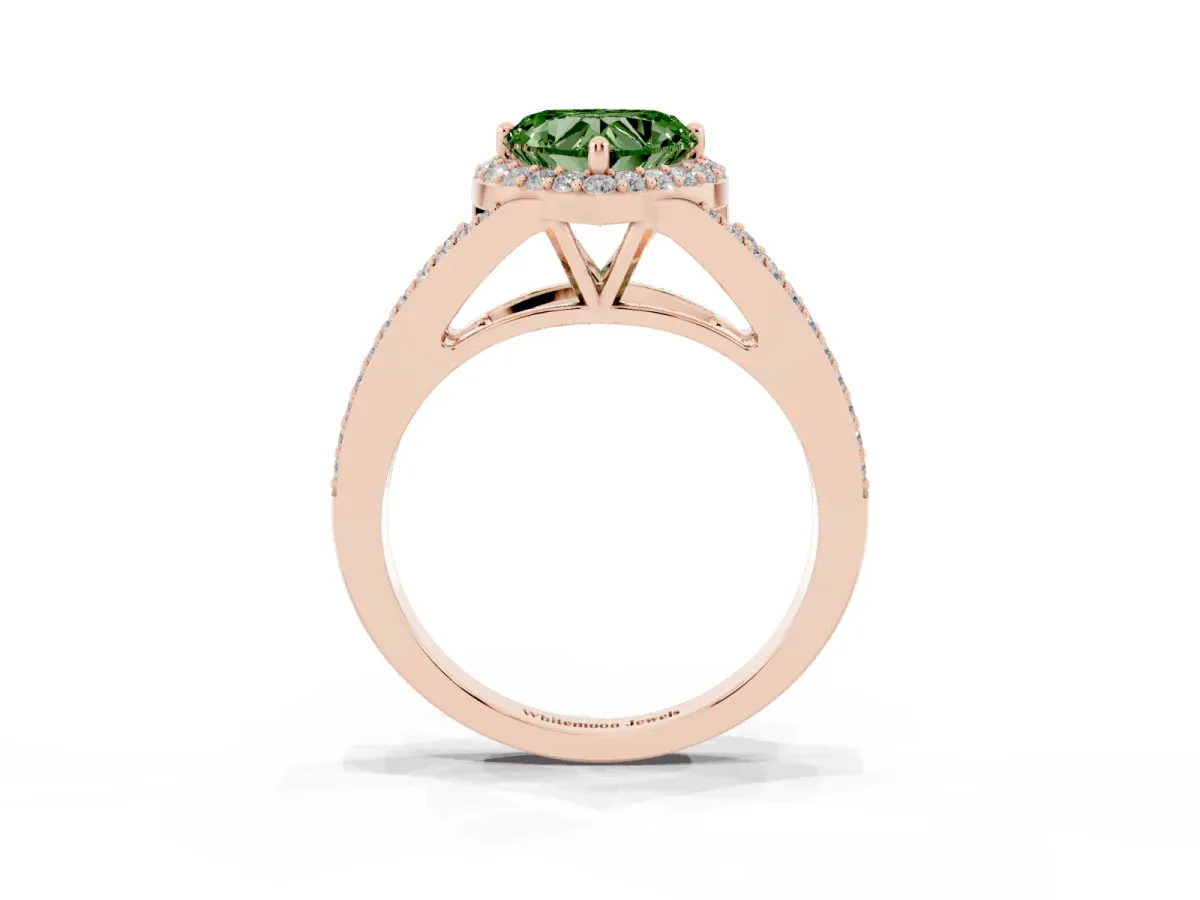 Fancy Green Heart Cut Halo Split Shank Diamond Ring with Prong Setting Rose gold