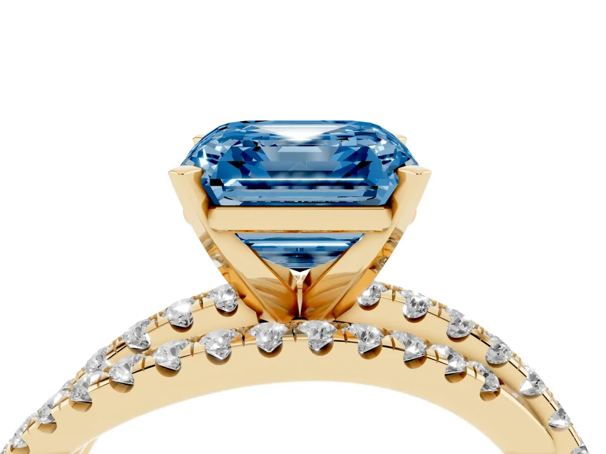 Fancy Blue Asscher Cut Solitaire Twist Band with Pavé Setting and Four-Prong Setting Yellow gold