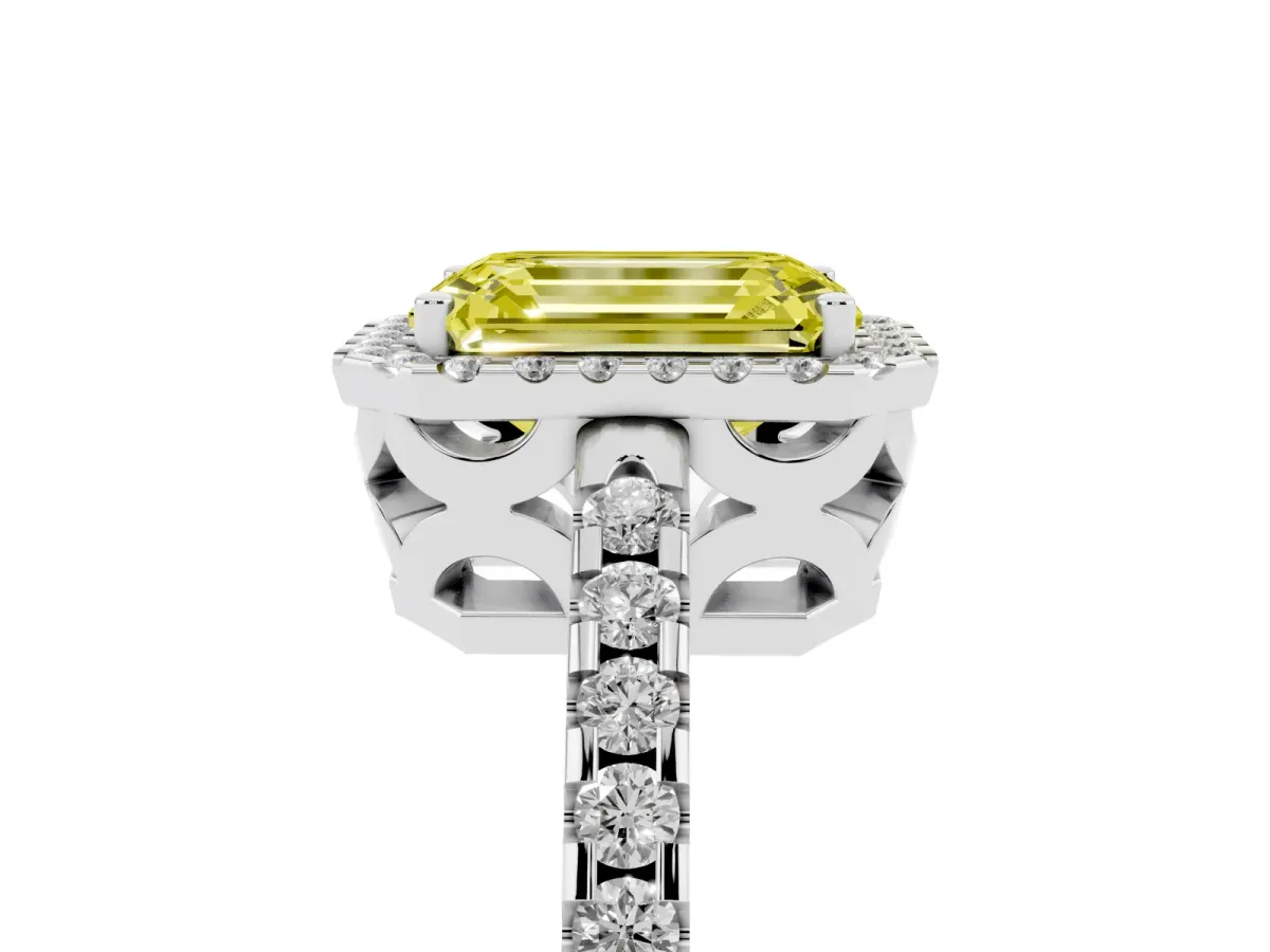 Fancy Yellow Emerald Cut Diamond Halo Engagement Ring with Pavé Band and Prong Setting Platinum