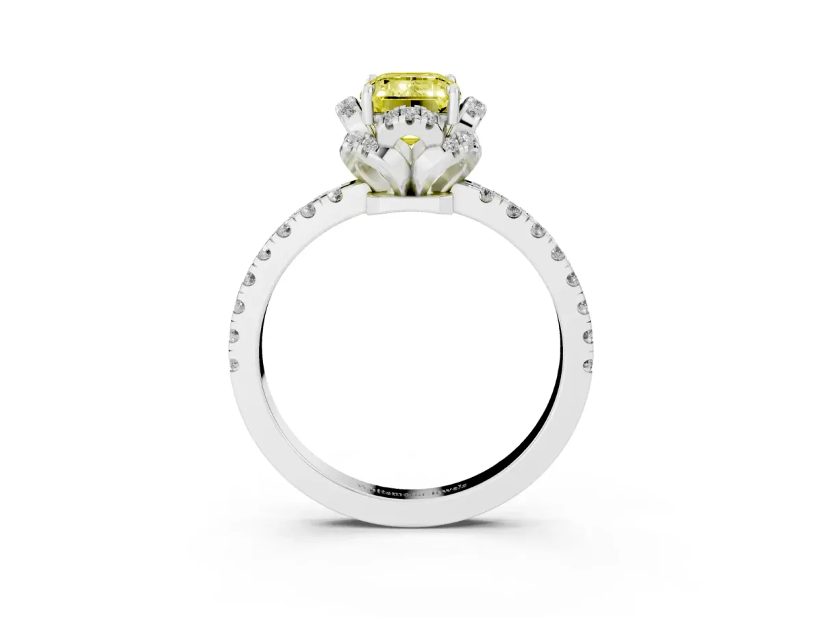 Fancy Yellow Emerald Cut Halo Diamond Pave Band Ring with Four-Prong Setting Silver