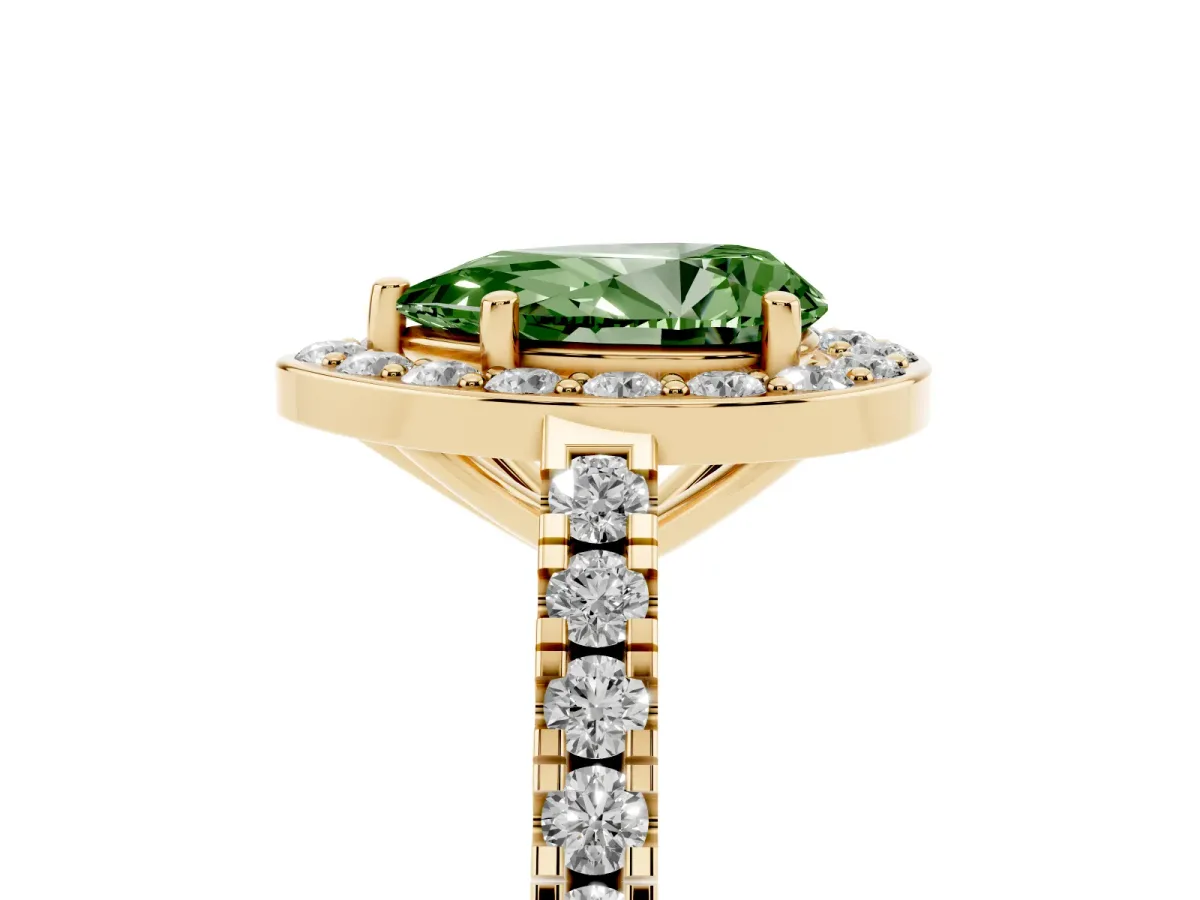 Fancy Green Pear Cut Diamond Halo Ring with Round Pavé Split Shank and Prong Setting Yellow gold