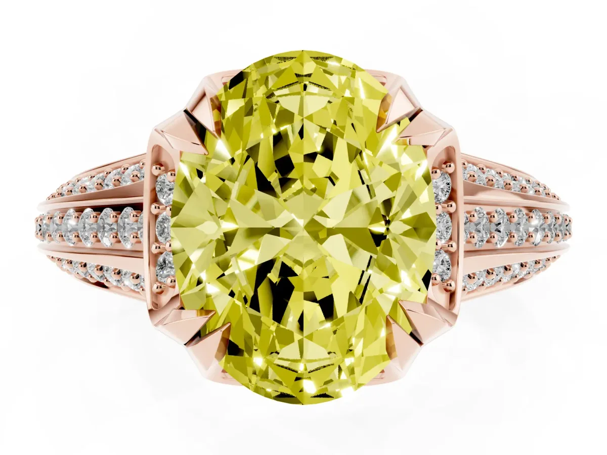 Fancy Yellow Oval Cut Solitaire Pave Split Shank Ring with Four-Prong Setting Rose gold