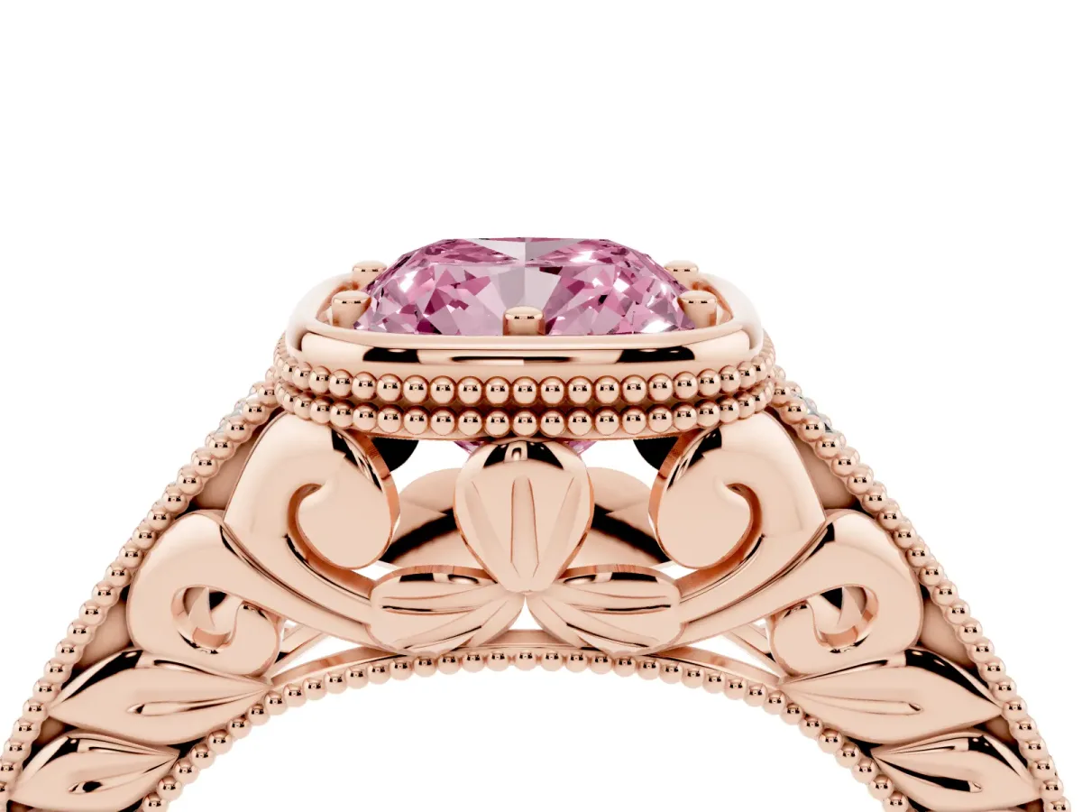 Fancy Pink Bezel Set Cushion Cut Diamond Milgrain Pave Engagement Ring Rose gold
