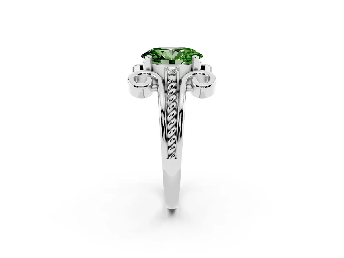 Fancy Green Oval Cut Solitaire Twisted Band Scroll Prong Ring White gold