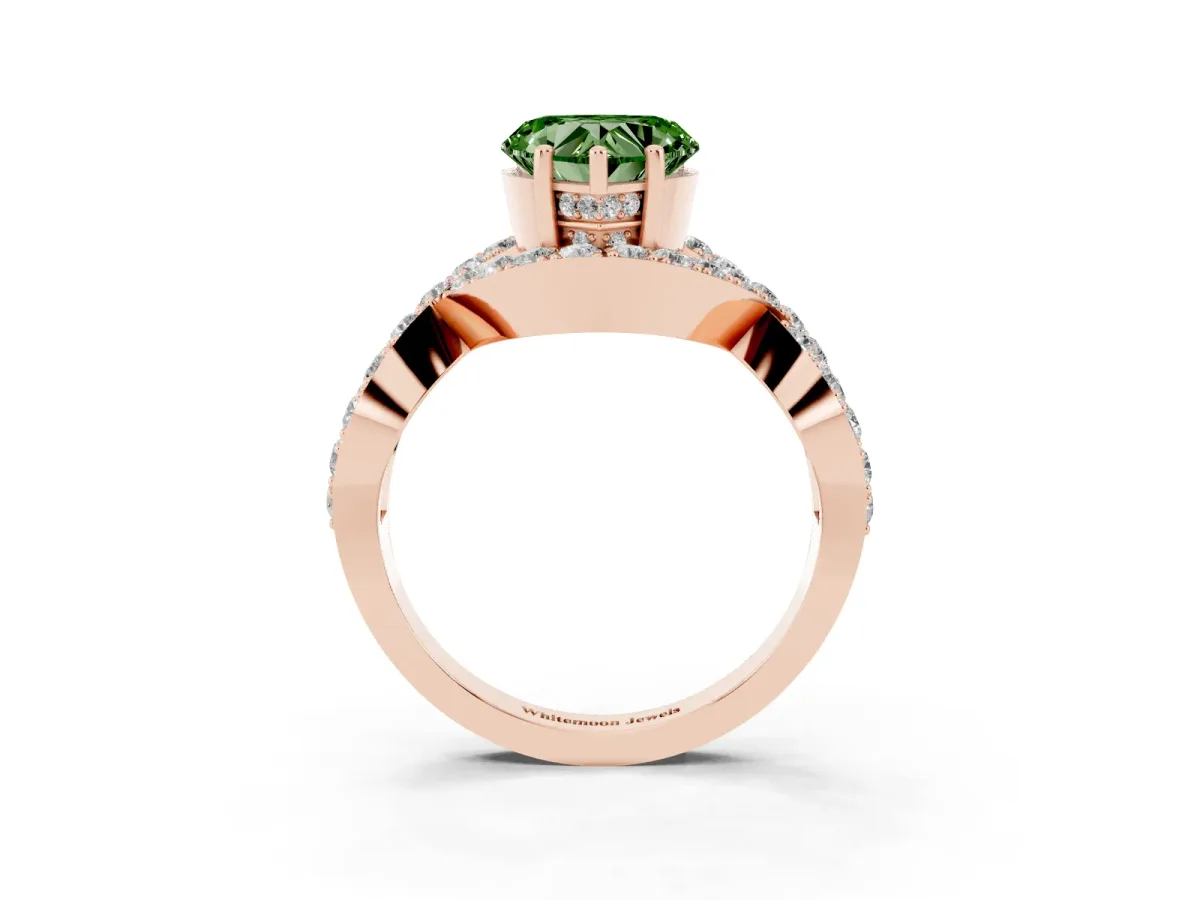 Fancy Green Heart Cut Solitaire Twist Band Pavé Diamond Engagement Ring Rose gold