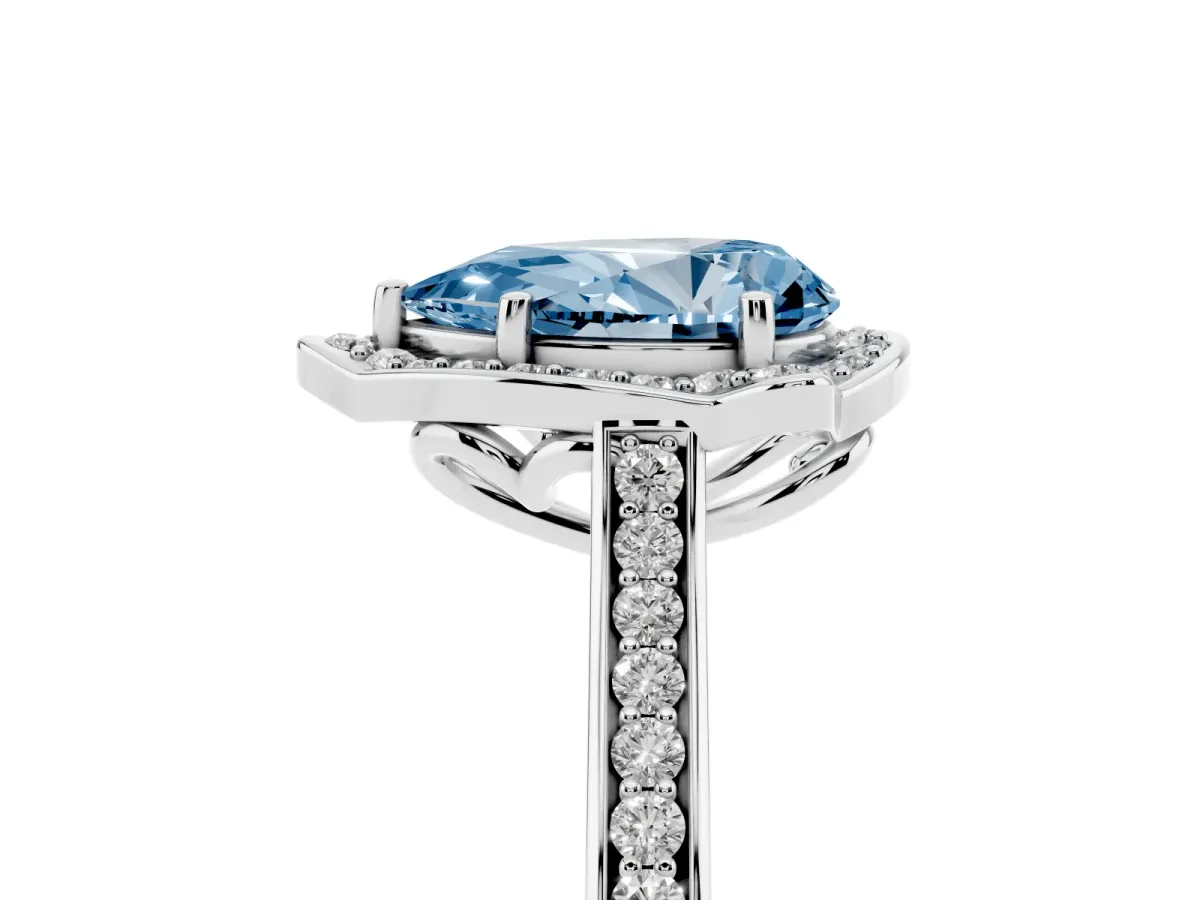 Fancy Blue Pear Cut Halo Round Diamond Pave Band with Four-Prong Setting Silver