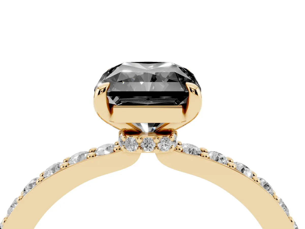 Fancy Black Radiant Cut Diamond Pavé Engagement Ring with Round Accents and Prong Setting Yellow gold