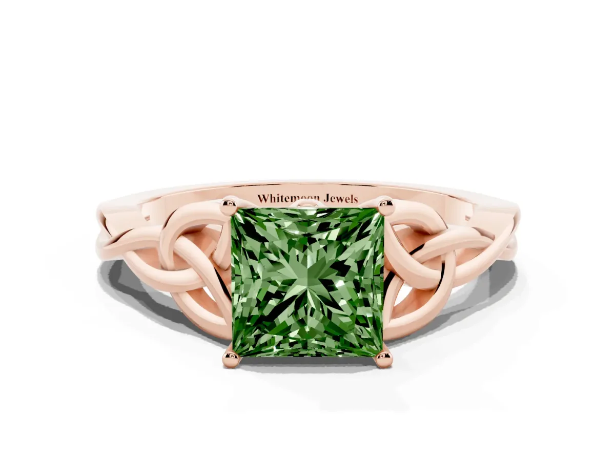 Fancy Green Princess Cut Diamond Solitaire Engagement Ring with Celtic Knot Band and Four-Prong Setting Rose gold