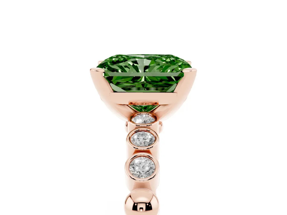 Fancy Green Radiant Cut Solitaire Bezel Accent Diamond Engagement Ring with Beaded Band and Four-Prong Setting Rose gold