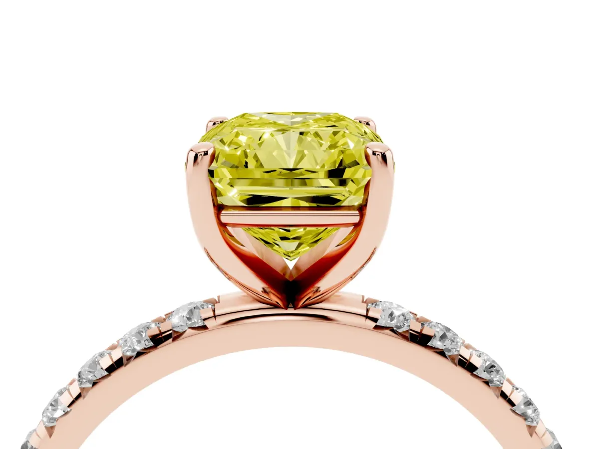 Fancy Yellow Radiant Cut Cut Diamond Solitaire Ring with Micro Pave Band and Four Prong Setting Rose gold