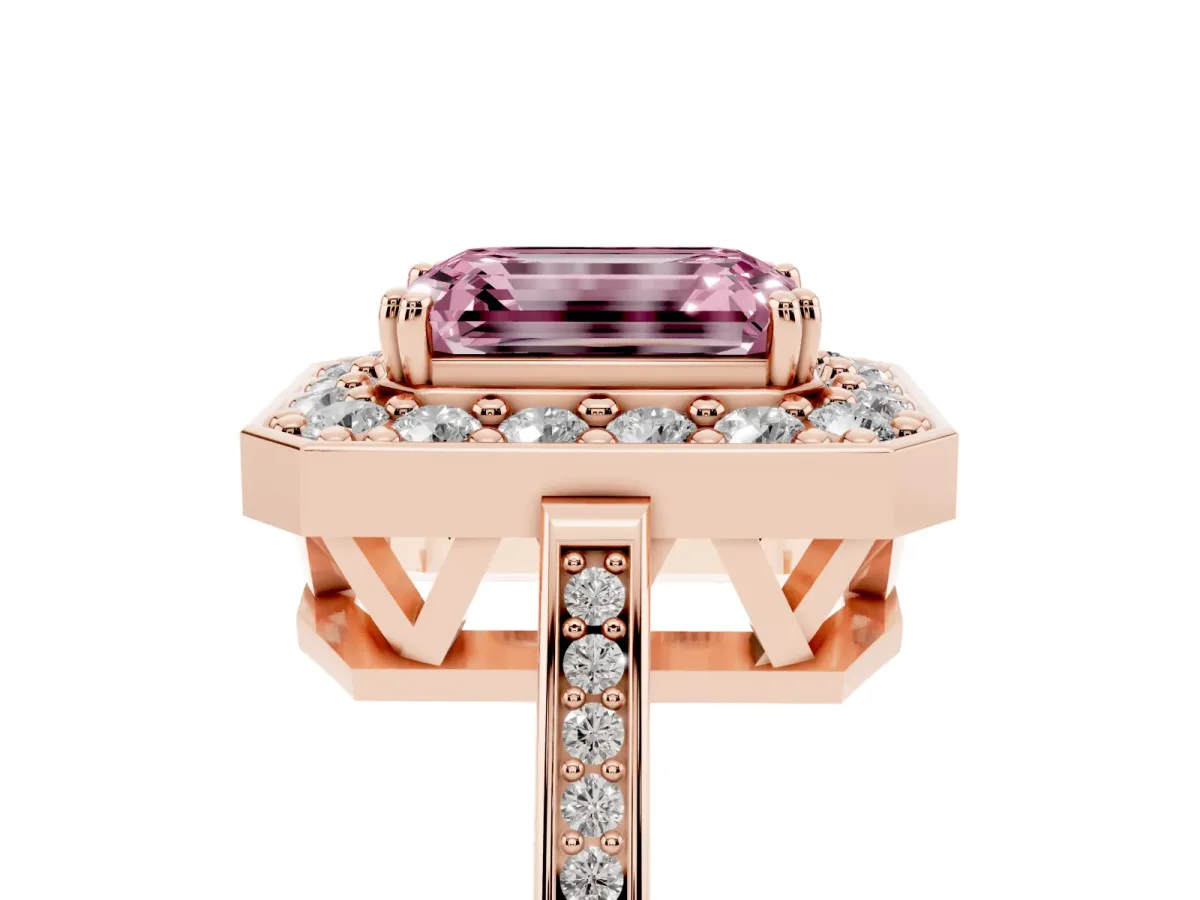 Fancy Pink Emerald Cut Diamond Halo Ring with Split Shank and Four-Prong Setting Rose gold