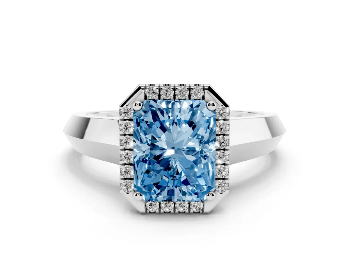 Fancy Blue Radiant Cut Halo Diamond Ring with Cathedral Band and Four-Prong Setting White gold