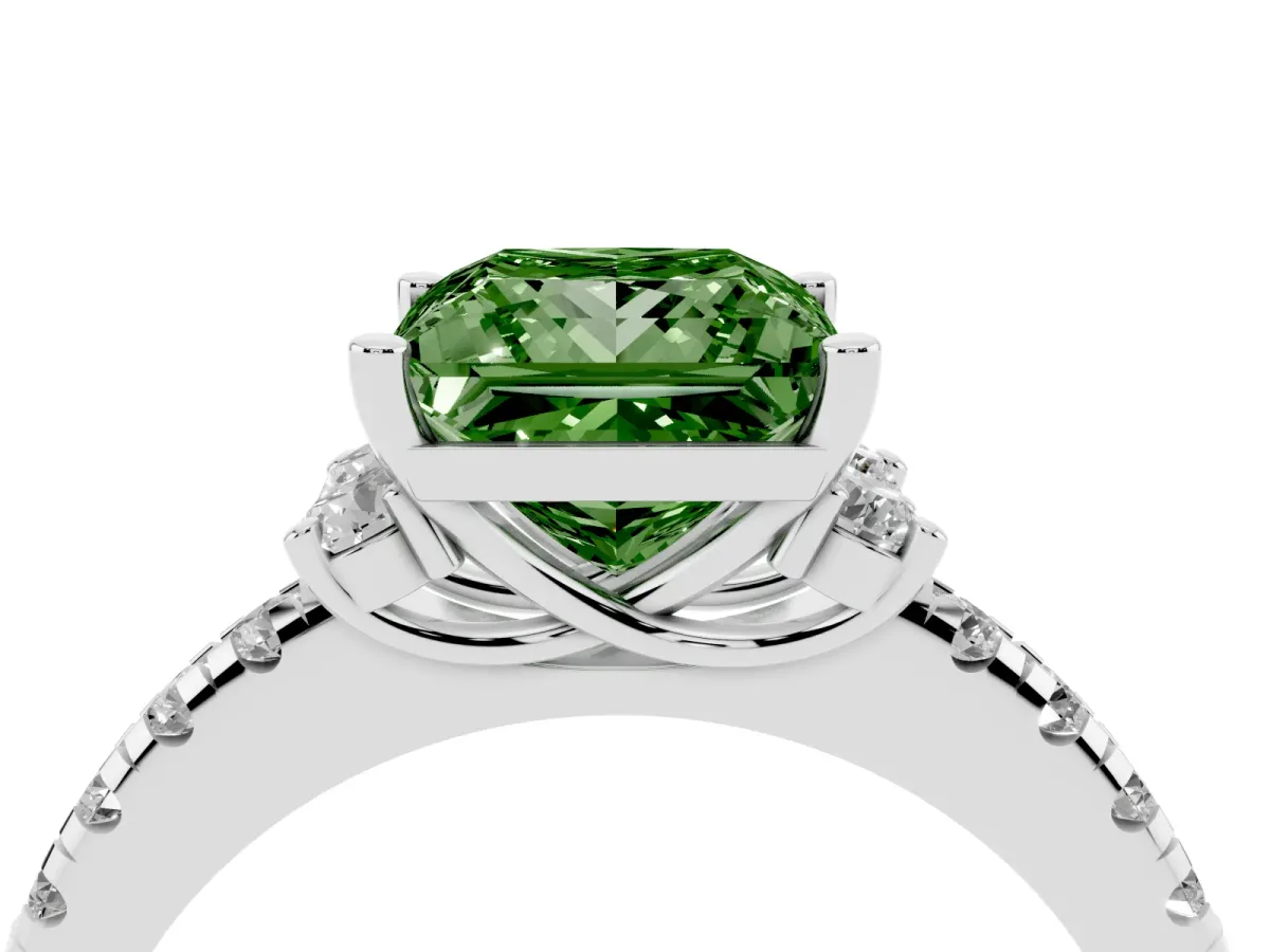 Fancy Green Princess Cut Diamond Three-Stone Pave Band with Four-Prong Setting Silver