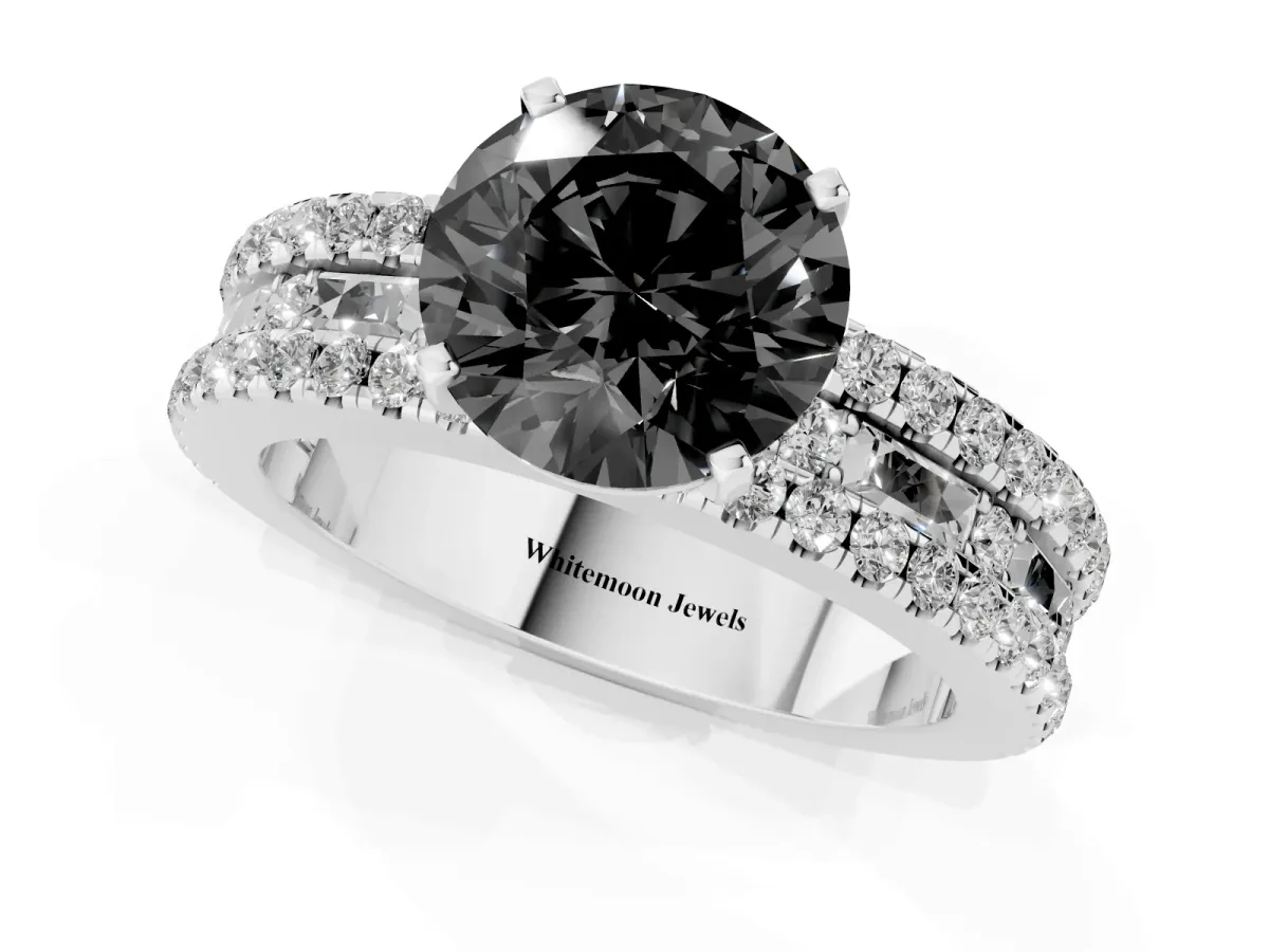 Fancy Black Round Cut Diamond Solitaire Ring with Pavé and Channel Set Band Silver