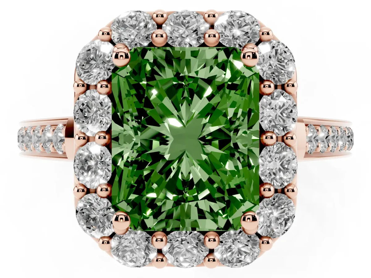 Fancy Green Radiant Cut Diamond Floral Halo Ring with Pavé Band and Prong Setting Rose gold