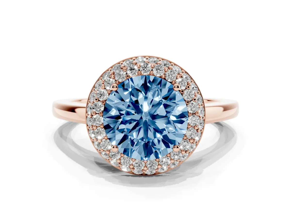 Fancy Blue Round Cut Halo Diamond Engagement Ring with Solitaire Band and Four-Prong Setting Rose gold