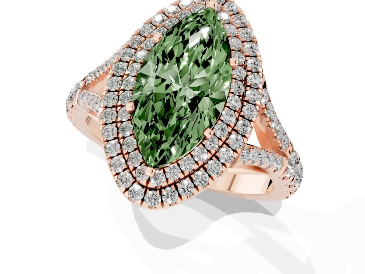 Fancy Green Marquise Cut Diamond Pavé Split Shank Double Halo Engagement Ring Rose gold