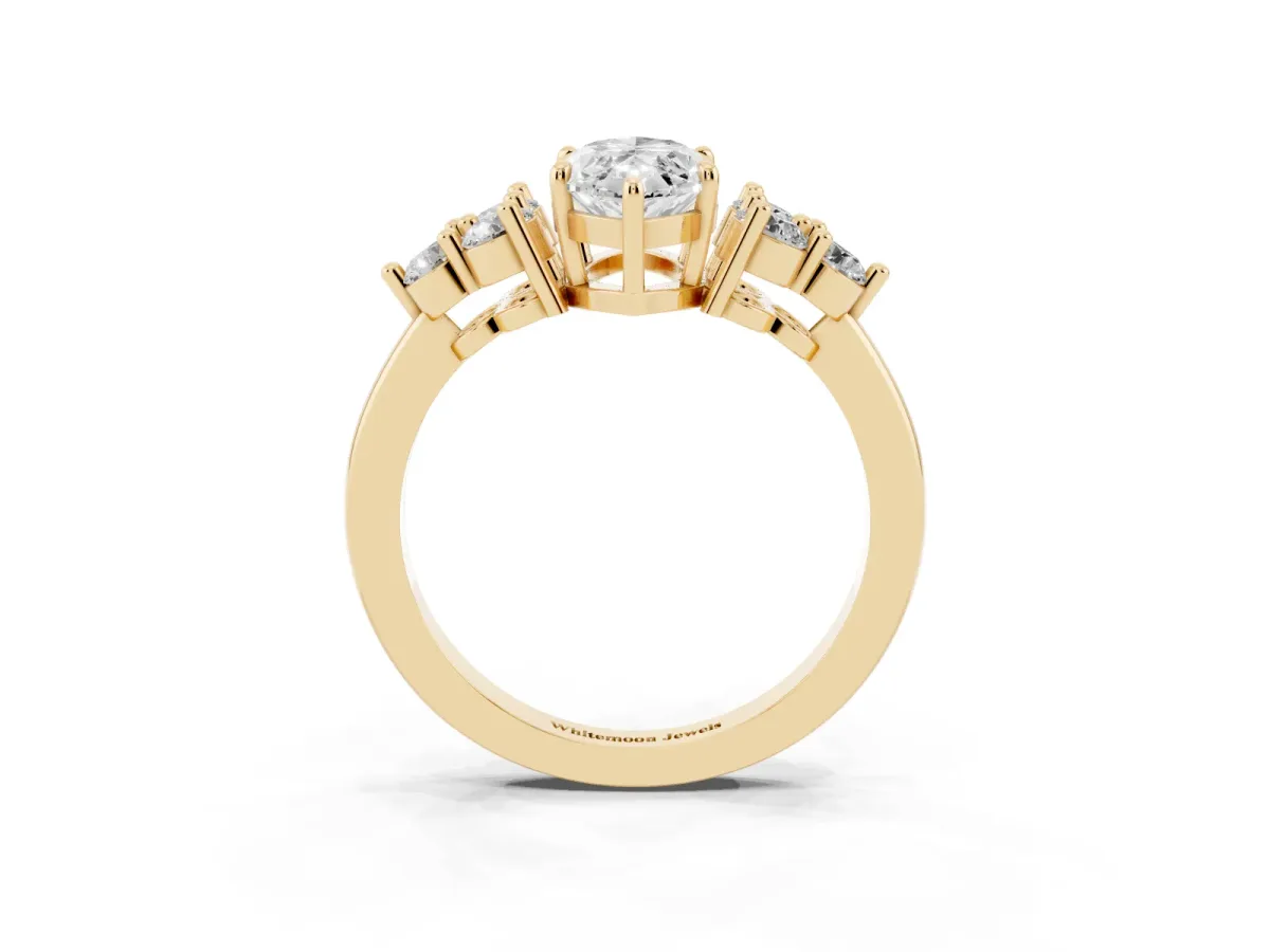 Marquise Cut Brilliant Diamond Cluster Accent Solitaire Ring with Prong Setting Yellow gold